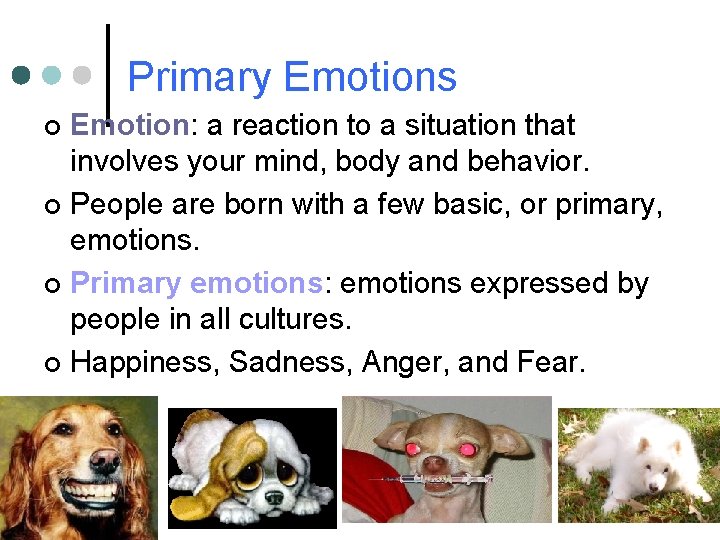 Primary Emotions Emotion: a reaction to a situation that involves your mind, body and Primary Emotions Emotion: a reaction to a situation that involves your mind, body and