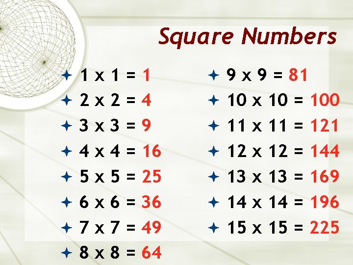 Square Numbers 1 x 1=1 9 x 9 = 81 2 x 2=4 10