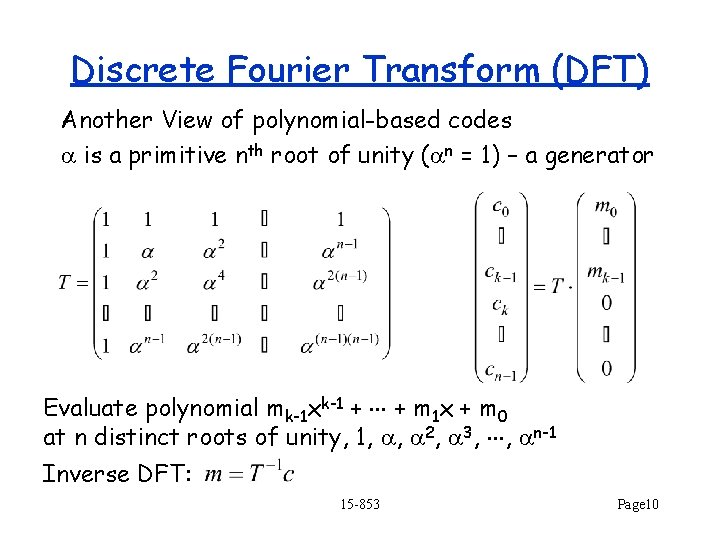 Discrete Fourier Transform (DFT) Another View of polynomial-based codes is a primitive nth root