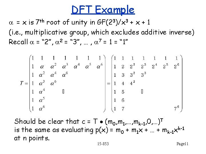 DFT Example = x is 7 th root of unity in GF(23)/x 3 +