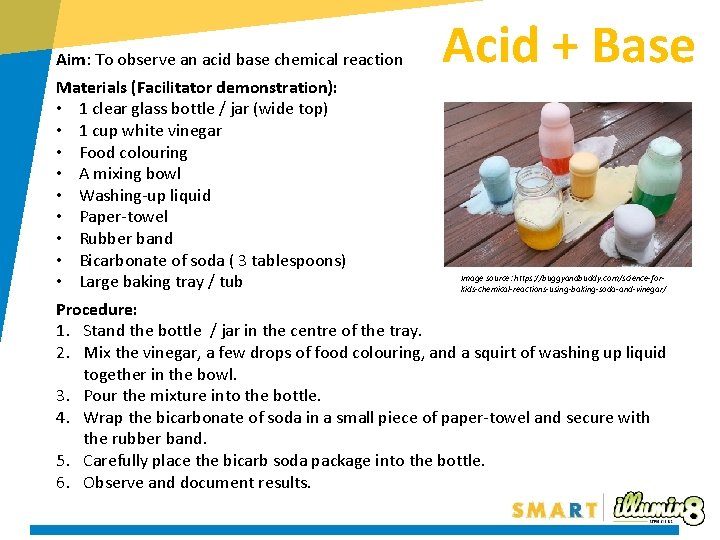 Aim: To observe an acid base chemical reaction Materials (Facilitator demonstration): • 1 clear Aim: To observe an acid base chemical reaction Materials (Facilitator demonstration): • 1 clear