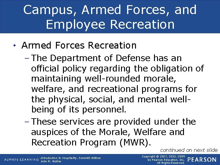 Campus, Armed Forces, and Employee Recreation • Armed Forces Recreation – The Department of