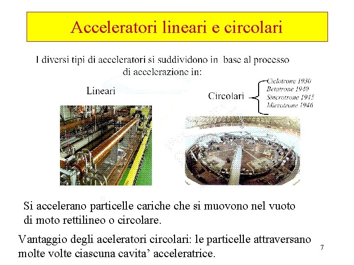 Acceleratori lineari e circolari Si accelerano particelle cariche si muovono nel vuoto di moto