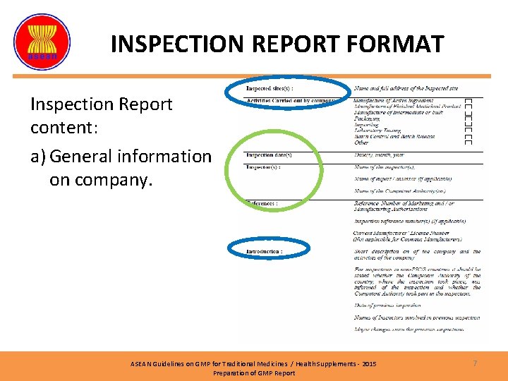 INSPECTION REPORT FORMAT Inspection Report content: a) General information on company. ASEAN Guidelines on