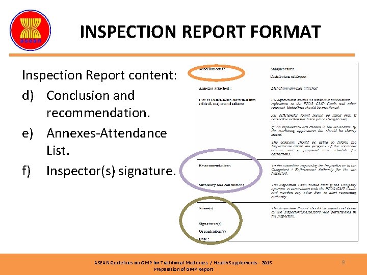 INSPECTION REPORT FORMAT Inspection Report content: d) Conclusion and recommendation. e) Annexes-Attendance List. f)