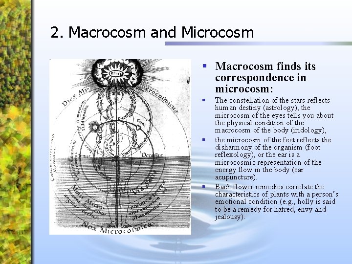 2. Macrocosm and Microcosm § Macrocosm finds its correspondence in microcosm: § § §