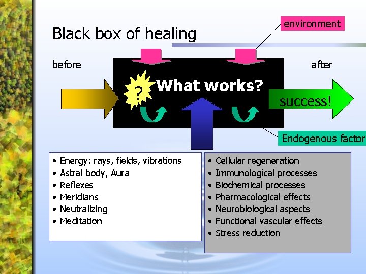 environment Black box of healing before after ? What works? success! Endogenous factors •