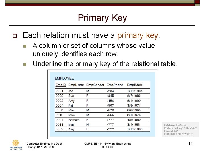 Primary Key o Each relation must have a primary key. n n A column
