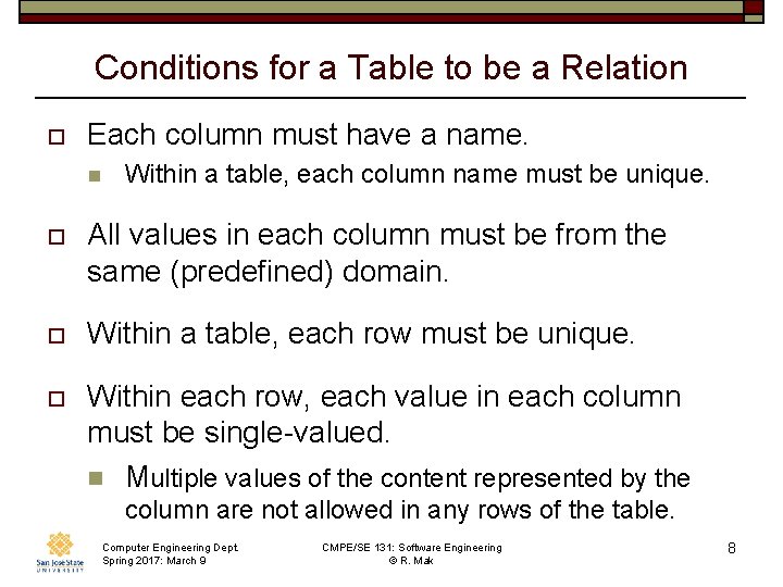 Conditions for a Table to be a Relation o Each column must have a