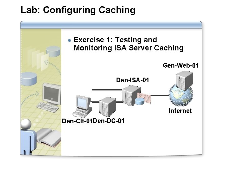 Lab: Configuring Caching Exercise 1: Testing and Monitoring ISA Server Caching Gen-Web-01 Den-ISA-01 Internet