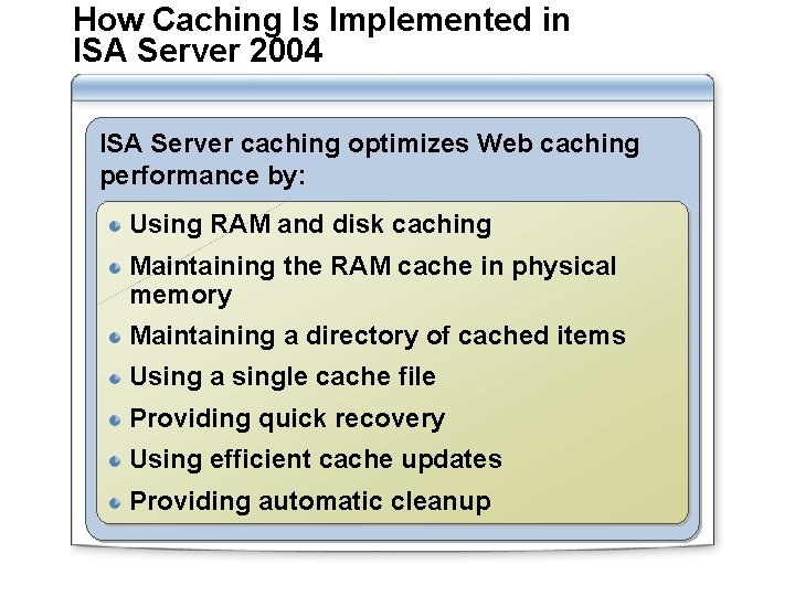 How Caching Is Implemented in ISA Server 2004 ISA Server caching optimizes Web caching