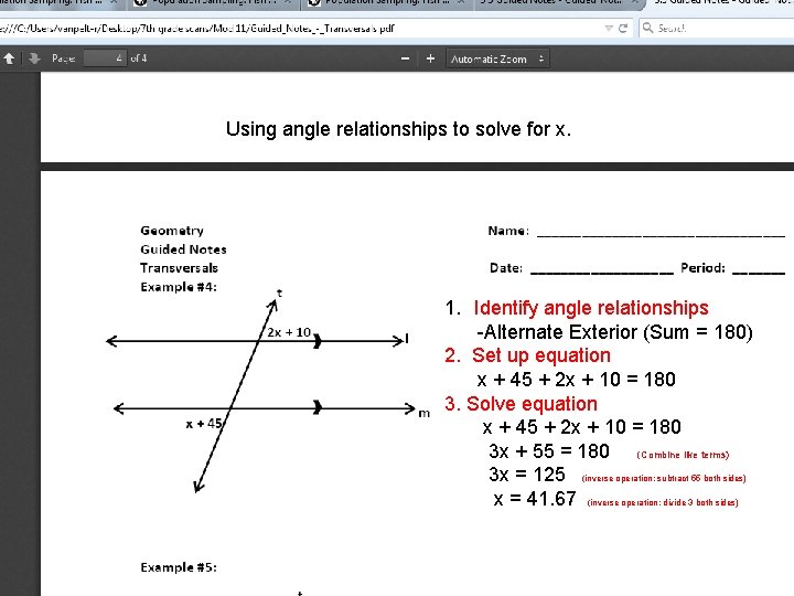 Line and Angle Relationships Using angle relationships to solve for x. 1. Identify angle