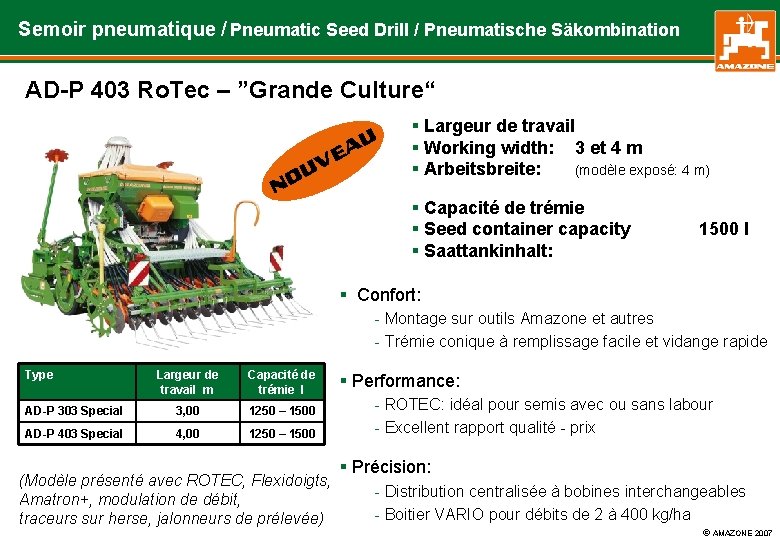 Semoir pneumatique / Pneumatic Seed Drill / Pneumatische Säkombination AD-P 403 Ro. Tec –