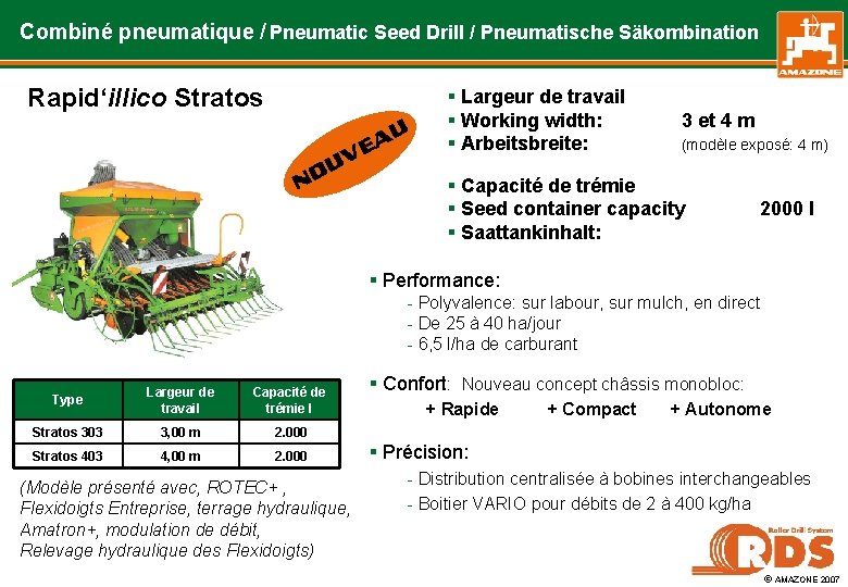 Combiné pneumatique / Pneumatic Seed Drill / Pneumatische Säkombination Rapid‘illico Stratos AU E V