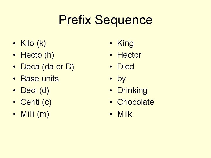 Prefix Sequence • • Kilo (k) Hecto (h) Deca (da or D) Base units