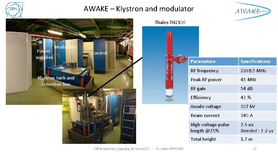 AWAKE – Klystron and modulator Thales TH 2100 Power supplies Modulator Control Klystron tank