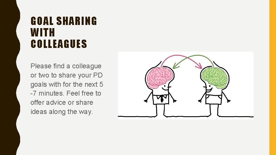 GOAL SHARING WITH COLLEAGUES Please find a colleague or two to share your PD