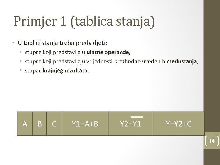 Primjer 1 (tablica stanja) • U tablici stanja treba predvidjeti: • stupce koji predstavljaju