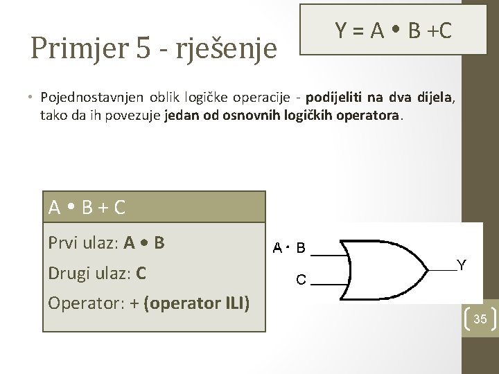 Primjer 5 - rješenje Y = A B +C • Pojednostavnjen oblik logičke operacije