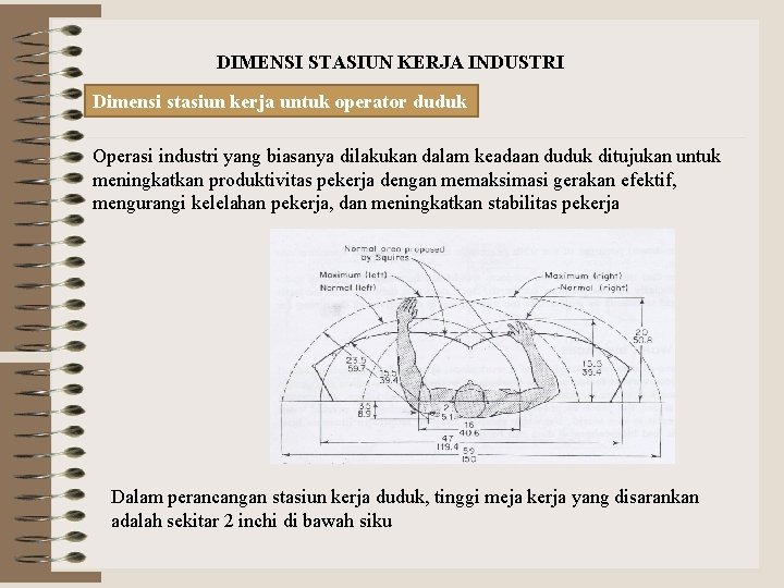 DIMENSI STASIUN KERJA INDUSTRI Dimensi stasiun kerja untuk operator duduk Operasi industri yang biasanya