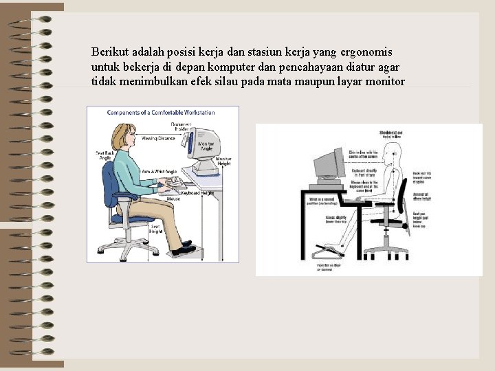 Berikut adalah posisi kerja dan stasiun kerja yang ergonomis untuk bekerja di depan komputer