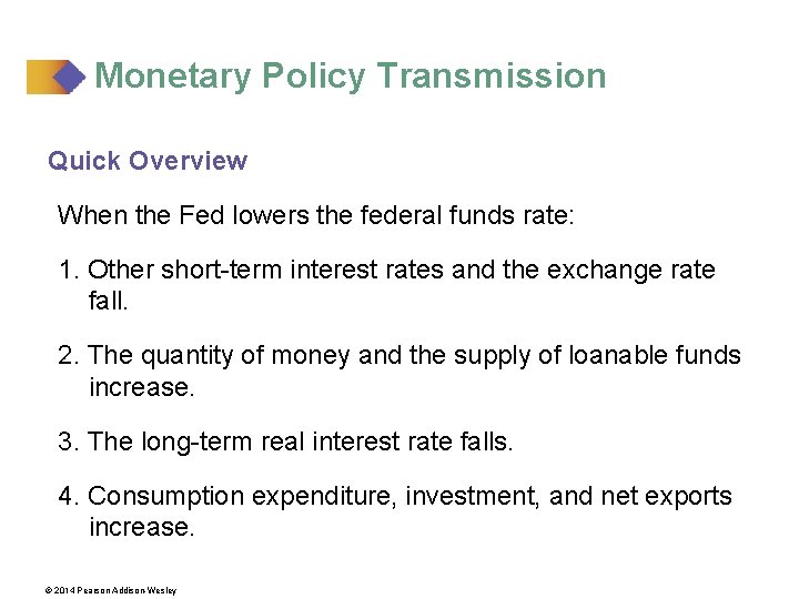 Monetary Policy Transmission Quick Overview When the Fed lowers the federal funds rate: 1.