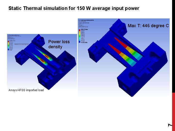 Static Thermal simulation for 150 W average input power Max T: 446 degree C