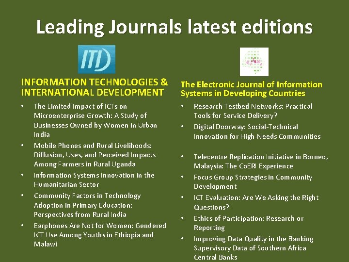 Leading Journals latest editions INFORMATION TECHNOLOGIES & INTERNATIONAL DEVELOPMENT • • • The Limited