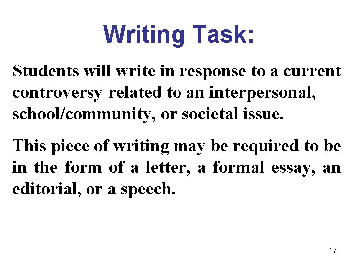 Writing Task: Students will write in response to a current controversy related to an