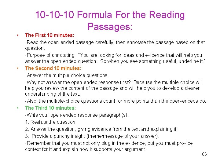 10 -10 -10 Formula For the Reading Passages: • • • The First 10