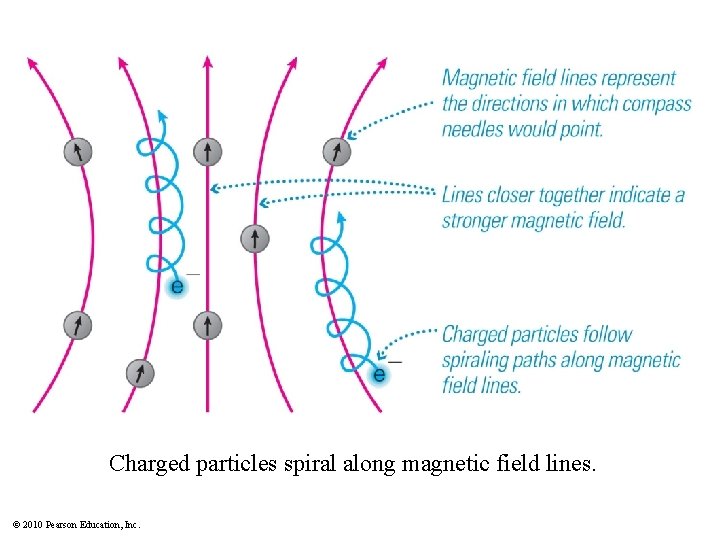 Charged particles spiral along magnetic field lines. © 2010 Pearson Education, Inc. 