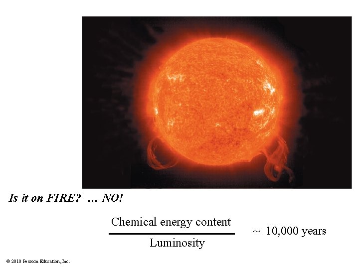 Is it on FIRE? … NO! Chemical energy content Luminosity © 2010 Pearson Education,