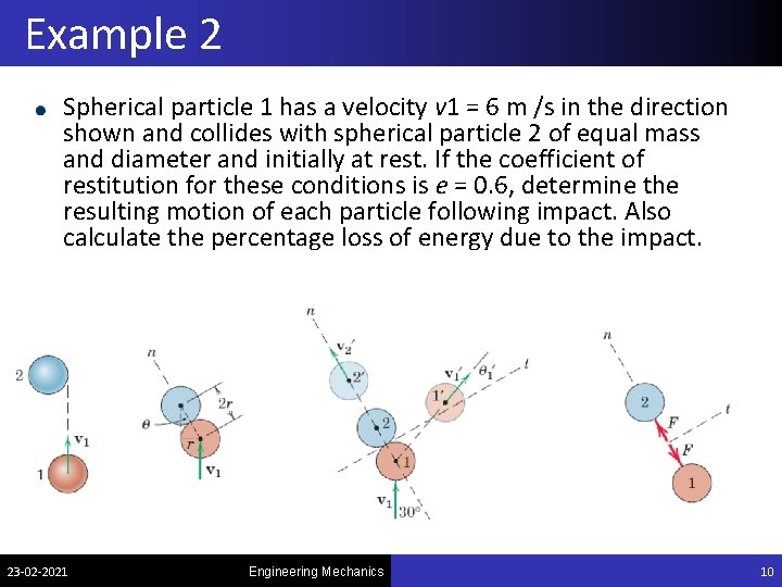 Example 2 Spherical particle 1 has a velocity v 1 = 6 m /s Example 2 Spherical particle 1 has a velocity v 1 = 6 m /s