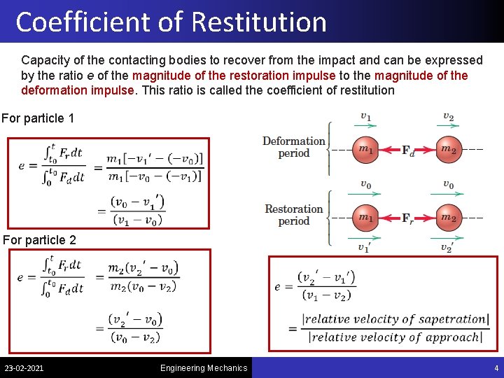 Coefficient of Restitution Capacity of the contacting bodies to recover from the impact and Coefficient of Restitution Capacity of the contacting bodies to recover from the impact and
