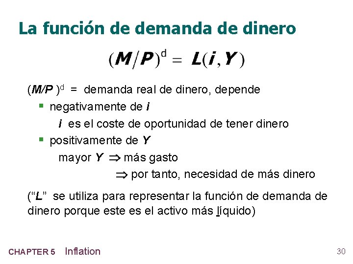 La función de demanda de dinero (M/P )d = demanda real de dinero, depende