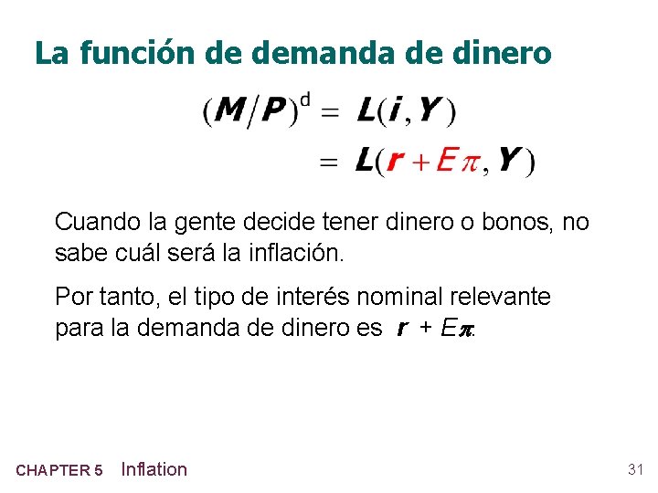 La función de demanda de dinero Cuando la gente decide tener dinero o bonos,