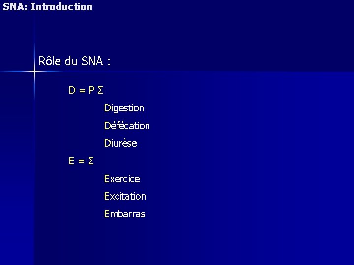 SNA: Introduction Rôle du SNA : D = P Σ Digestion Défécation Diurèse E