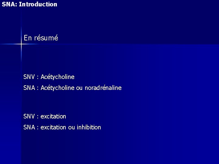 SNA: Introduction En résumé SNV : Acétycholine SNA : Acétycholine ou noradrénaline SNV :