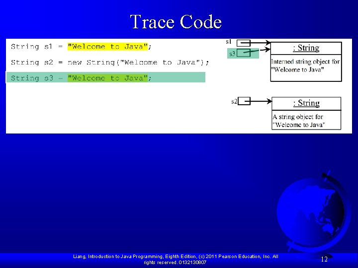 Trace Code Liang, Introduction to Java Programming, Eighth Edition, (c) 2011 Pearson Education, Inc. Trace Code Liang, Introduction to Java Programming, Eighth Edition, (c) 2011 Pearson Education, Inc.
