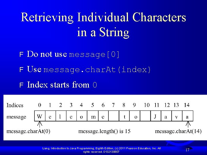 Retrieving Individual Characters in a String F Do not use message[0] F Use message.
