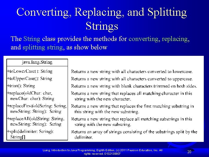 Converting, Replacing, and Splitting Strings The String class provides the methods for converting, replacing, Converting, Replacing, and Splitting Strings The String class provides the methods for converting, replacing,