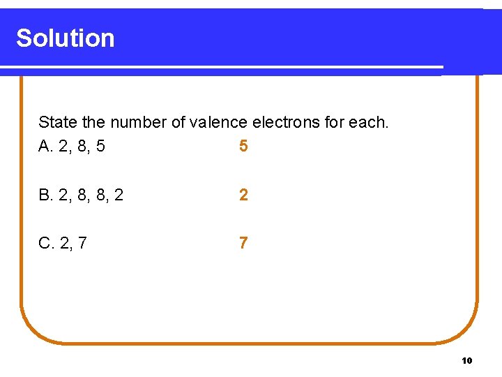 Solution State the number of valence electrons for each. A. 2, 8, 5 5 Solution State the number of valence electrons for each. A. 2, 8, 5 5