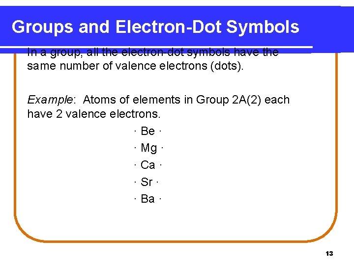 Groups and Electron-Dot Symbols In a group, all the electron-dot symbols have the same Groups and Electron-Dot Symbols In a group, all the electron-dot symbols have the same