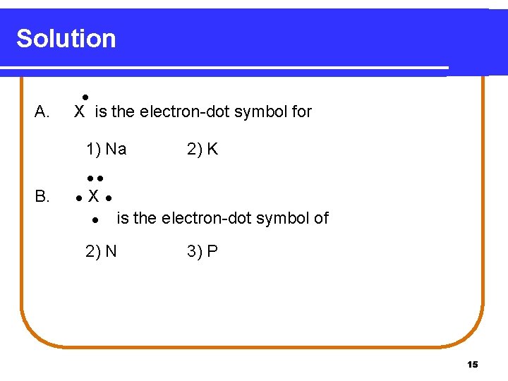 Solution A. X is the electron-dot symbol for 1) Na 2) K B. X Solution A. X is the electron-dot symbol for 1) Na 2) K B. X