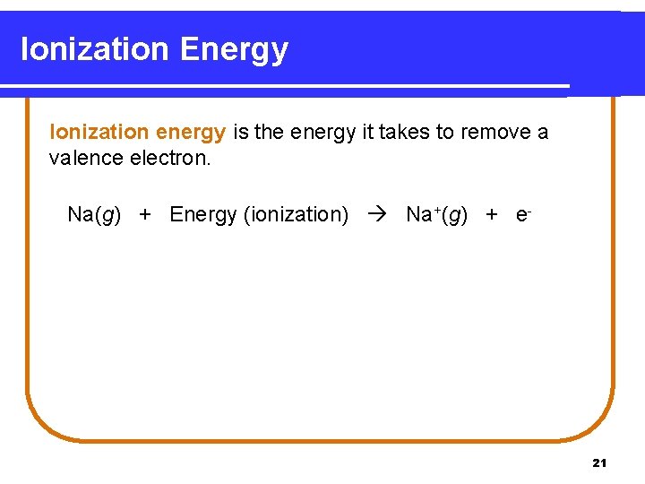 Ionization Energy Ionization energy is the energy it takes to remove a valence electron. Ionization Energy Ionization energy is the energy it takes to remove a valence electron.