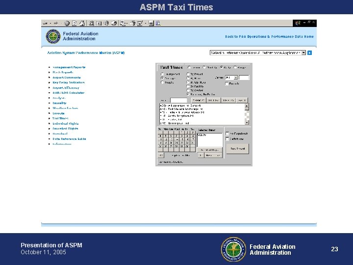 ASPM Taxi Times Presentation of ASPM October 11, 2005 Federal Aviation Administration 23 