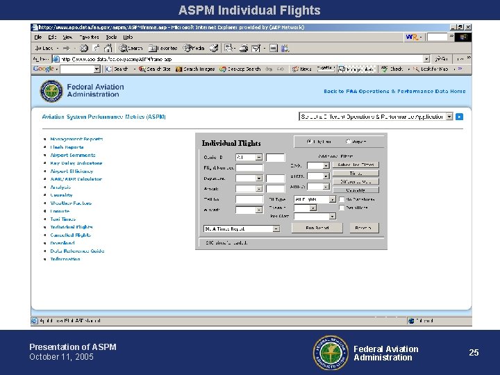 ASPM Individual Flights Presentation of ASPM October 11, 2005 Federal Aviation Administration 25 