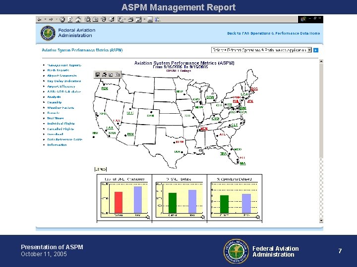 ASPM Management Report Presentation of ASPM October 11, 2005 Federal Aviation Administration 7 