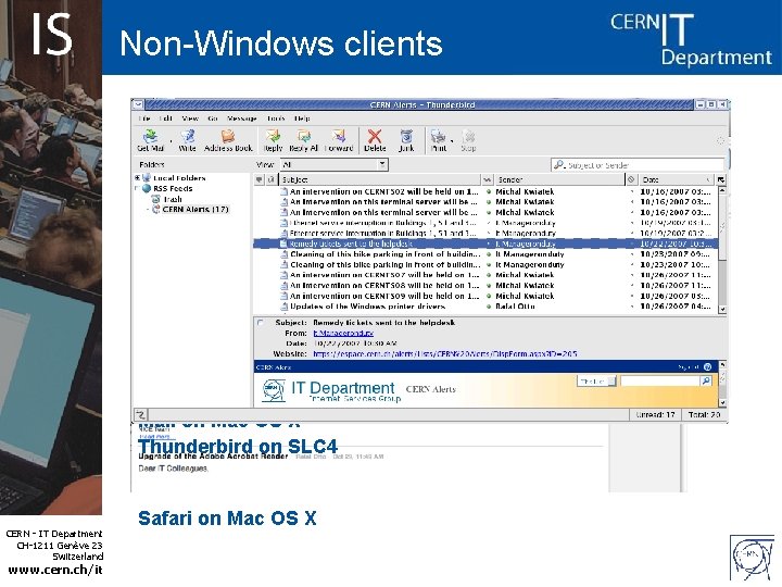Non-Windows clients Mail on Mac OS X Thunderbird on SLC 4 CERN - IT