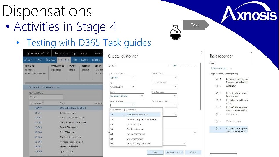 Dispensations • Activities in Stage 4 • Testing with D 365 Task guides Test